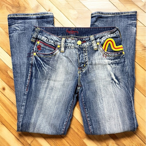 Pepe Jeans London Y2K Flare Jeans 32W x 31L • Swirl Embroidery • Mid Rise - Picture 11 of 13